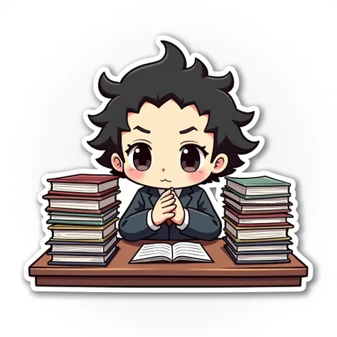 Design a sticker featuring Albedo sitting at a desk, surrounded by stacks of books and papers, with a determined expression. His hands are clasped together, and his eyes are focused on a particular text. The background should be a clean white, with a few s...