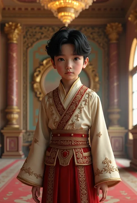 create a boy with black hair, in a palace with a, fancy tunic

