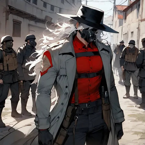 (masterpiece), best quality, expressive eyes, perfect face, deep red buttoned shirt, black vest. (long, open gray trench coat, worn and weathered), gas mask, wide-brimmed Wanderer’s hat. black hat, detailed with subtle silver accents, harness holster,  bla...