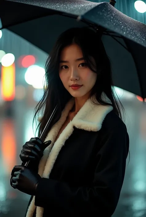 Stylish photography,beautiful korean women,stylish black long hair,ideal body with solid chest,wearing a black jacket with a white fur collar,wearing black leather gloves,carrying a black umbrella in the pouring rain at night,smile sweetly,realistic best q...