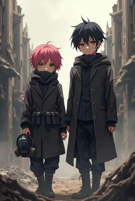 Create an image of an anime boy with pink hair and beige eyes all covered in black clothes with a gas mask in his hand on a destroyed dark base coming out wounded next to a serious anime boy with black hair all covered in black clothes also next to him