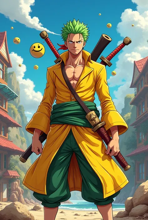 Create an illustration of yellow duck, the swordsman from One Piece, dressed in a vibrant roronoa zoro costume. Zoro should maintain his signature green hair and three swords, which are visible despite the costume. The background should be a whimsical land...