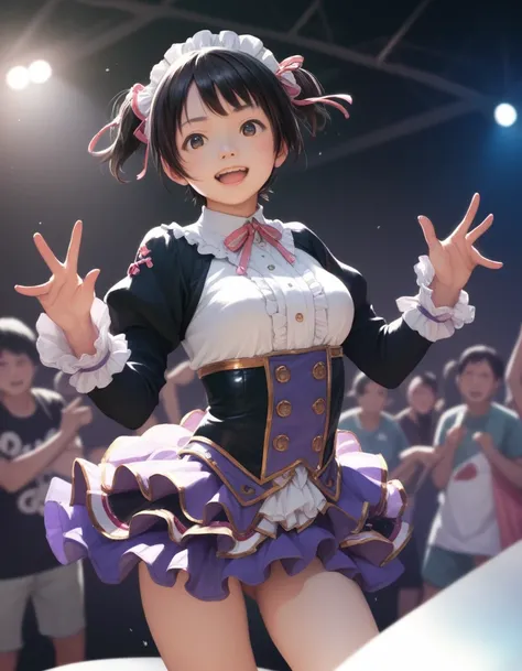 (Photorealistic1.1)Japanese,tareme,black hair,short twintail,short hair,busty,idol costume,long sleeves,frill,concert,room