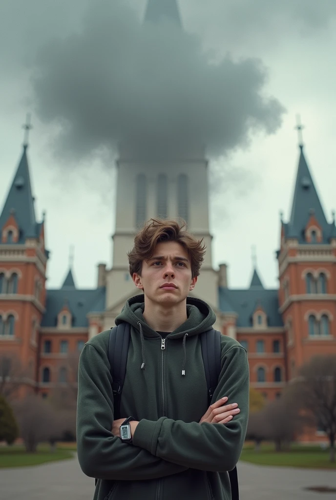 A college student sand in outside of the college campus and think about something whom to he vote , in his upper head shows coludy. His background is an building of college
