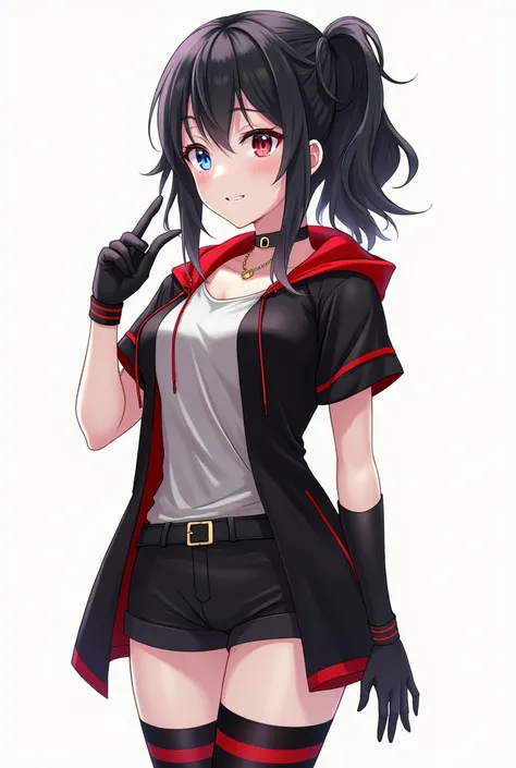 beautiful anime girl, black hair with strands in the front longer than those in the back, Short Layered Back, fringe covering his forehead, white and soft skin, Her small but well-formed body highlights her thighs and breasts,eyes of different colors, The ...