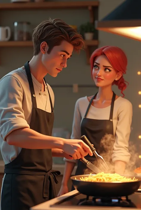 couple, nice handsome boy, brown wavy hair, in the kitchen, Behind the counter, cooking noodles in the pan, with angry redhead girl in apron, realistic