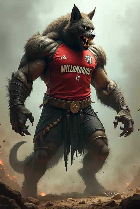 A half-animal warrior man wearing a Millonarios FC shirt





