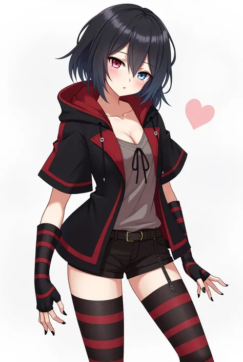 beautiful anime girl, black hair with strands in the front longer than those in the back, Short Layered Back, fringe covering his forehead, white and soft skin, Her small but well-formed body highlights her thighs and breasts,eyes of different colors, The ...