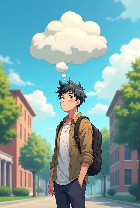 A college male student sand in outside of the college campus and happily think to he vote , in his upper head shows coludy. His background is an building of college and thpe picture id anime like
