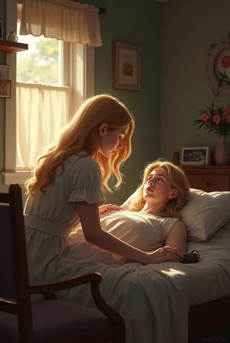 Young blonde woman, beautiful, taking care of sick mother in bed 