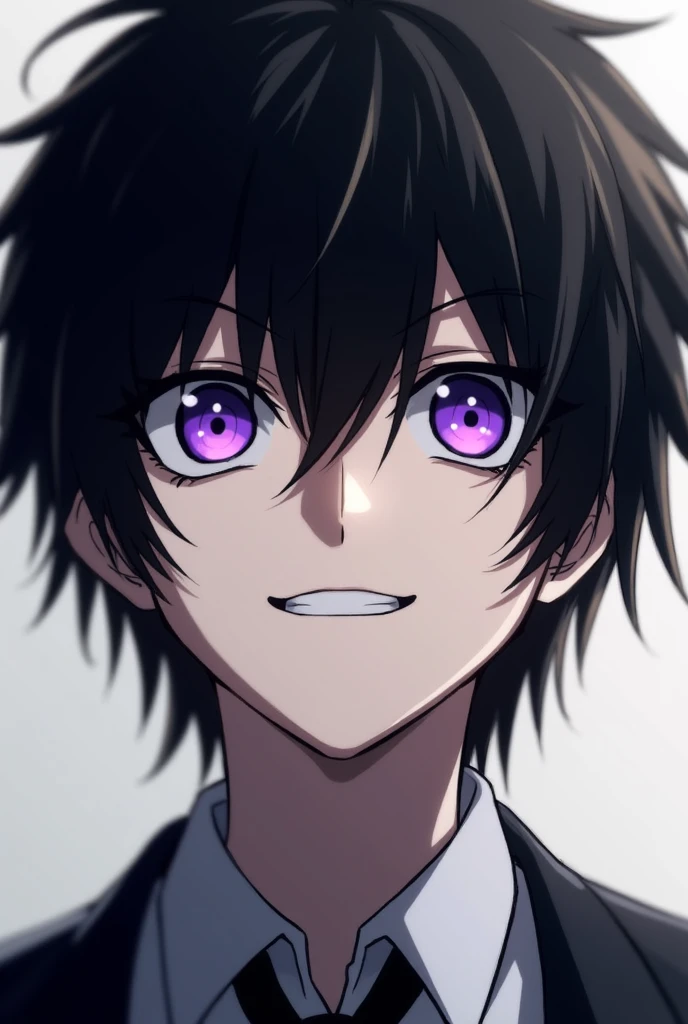 AN IMAGE OF L FROM THE ANIME DEATH NOTE BUT HAPPIER AND WITH PURPLE EYES