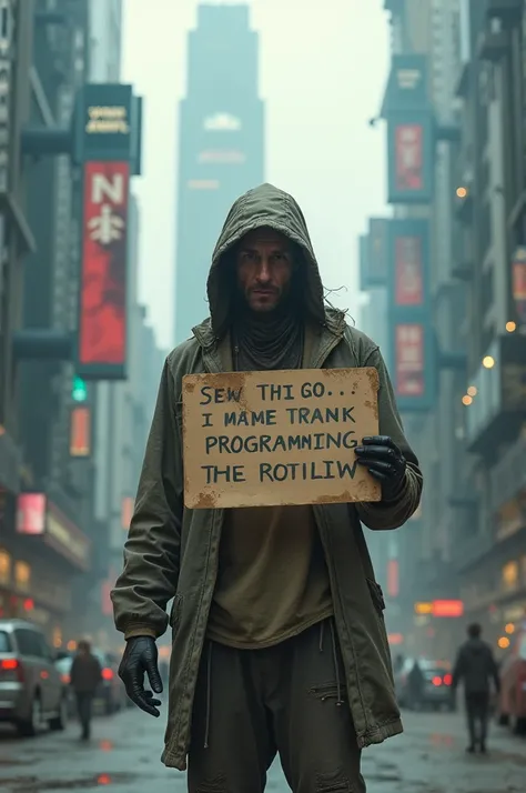 Beggar programmer holding sign in AI-dominated world