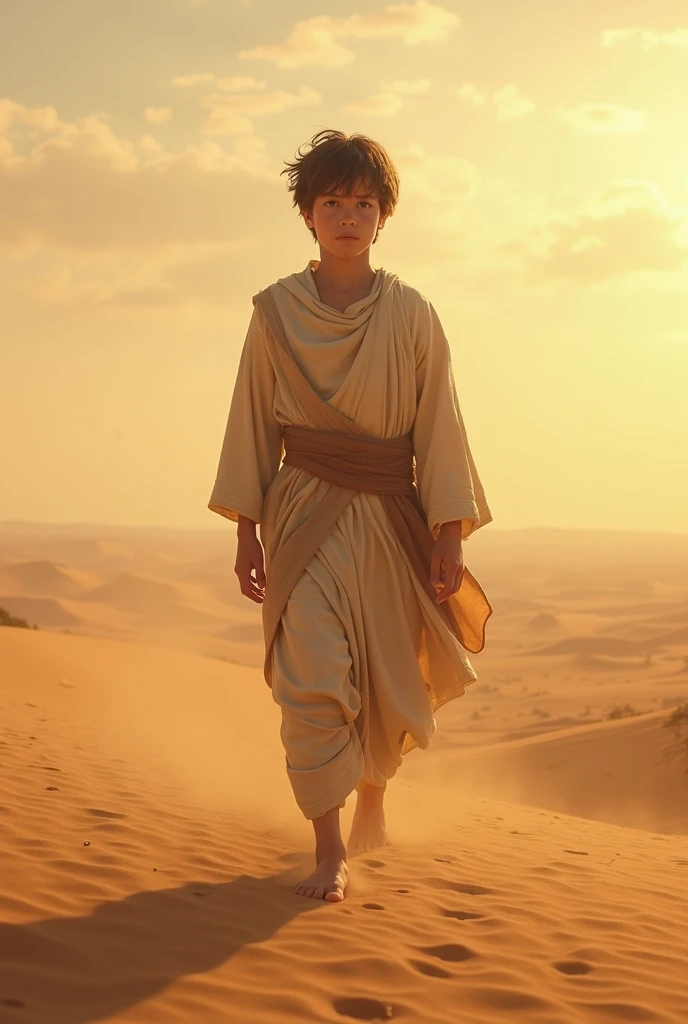 Stephen walking in the desert alone with a deep gaze,a 2 boy, biblical character 