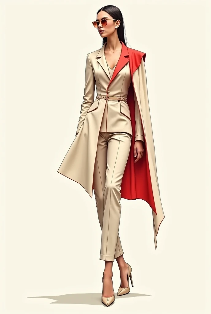 Create a sketch of an asymmetrical women&#39;s suit with one part larger than the other. Colors: champagne with cherry red accents 
