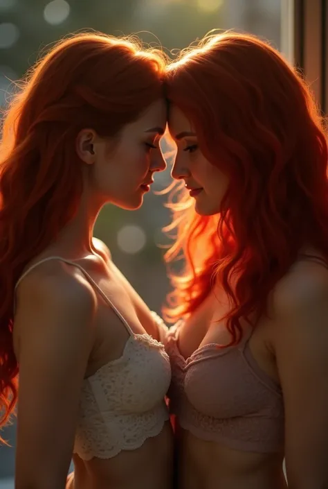 there is a woman with red hair and a naked,woman with red hair over 45 years long hair curly big boobs