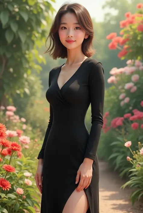 Beautiful Asian woman with chubby face smiling charmingly 20 years old wearing a long sleeved black dress with a small slit on her legs wearing highlights standing in a garden with a realistic garden and flower background