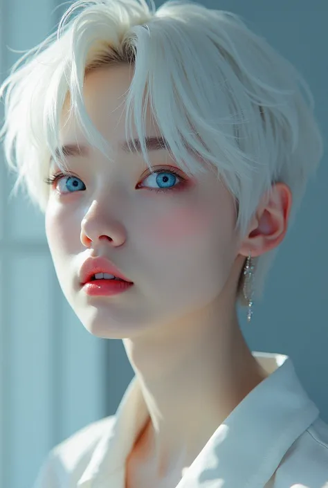 Jimin from bts with white hair and blue eyes