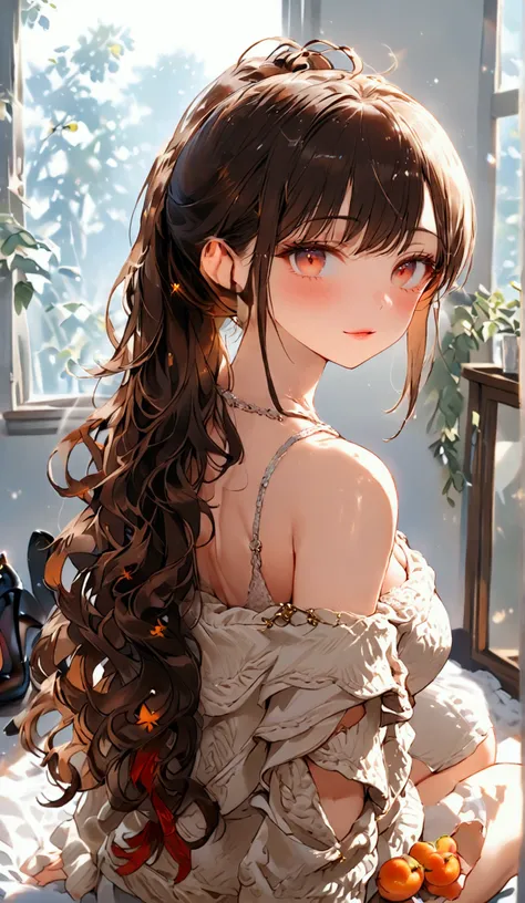 (a girl, kawaii), (19yo:1.3), (large breasts), cleavage, long wavy brown hair, side-swept bangs, (ponytail:1.3), seductive smile, cat-like eyes, (apricot eyes), sharp jawline, slim waist, curvy hips, bare shoulders, (sweater:1.3), (bare legs), (High Heels)...