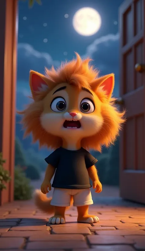  A 3d pixar style cute cat cub with a large fluffy mane and expressive ,scared and scary eyes,wearing a black shirt and white Shorts, "cat cub is standing outside a house and the door of the house si open 
. The starry night sky and full moon create a quit...