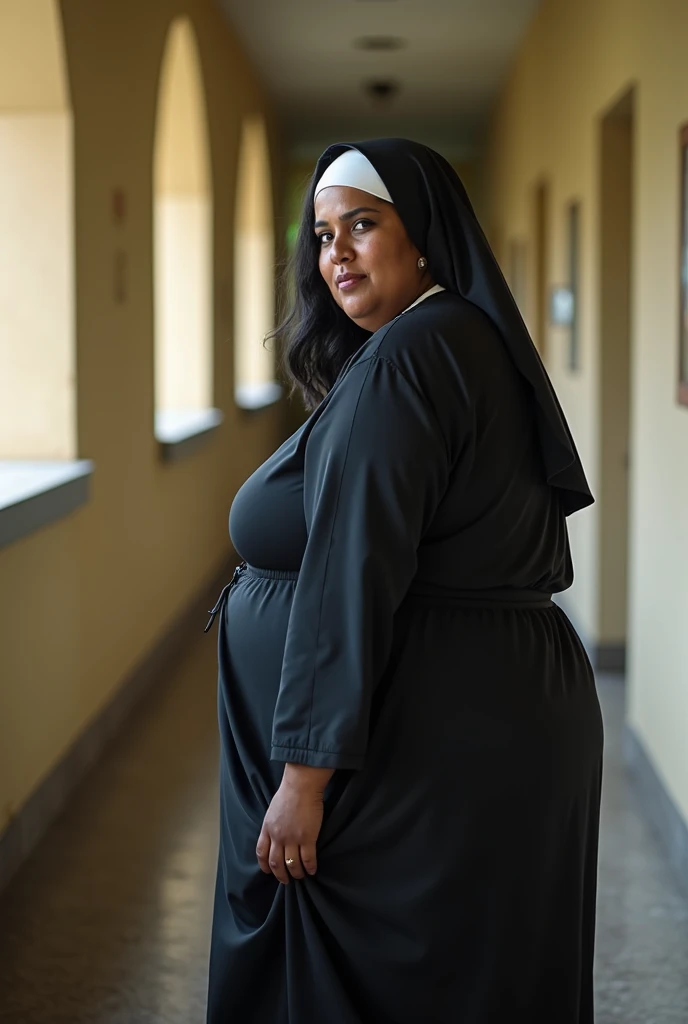 Realistic photo of a kerala nun sister, plus size curvy, 35years old, lifting nun habit toshow thick thunder thighs,  show naked thick thighs , full body show, dark hair, side angle camera shot, standing outside corridor, ((big ass)), (high skin detail),ex...