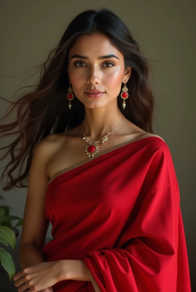 A beutiful girl wearing red  saree model beutiful simple look opan hair at home full look
