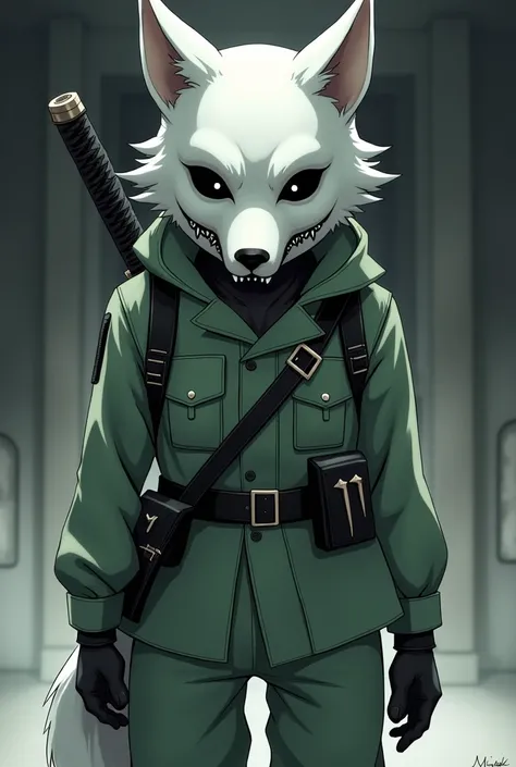 Anime character with white mask with pointy dog ears covering face and hair, black x-shaped eyes, closed black smile, black collar around the neck, light green military uniform, black war accessories, black gloves, black leather boot, katana on the back 