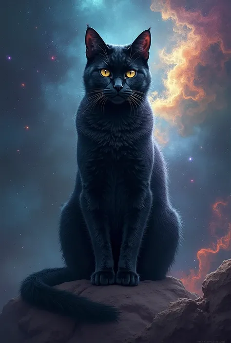 Black cat with universe or nebula skin and they blend together like a shadow