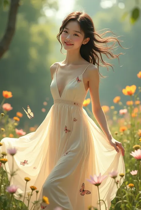 Beautiful Asian woman with chubby face smiling charmingly 20 years old wearing long sleeve dress with butterfly design flared on her legs blown by the wind wearing highlights standing in the garden with realistic garden and flower background