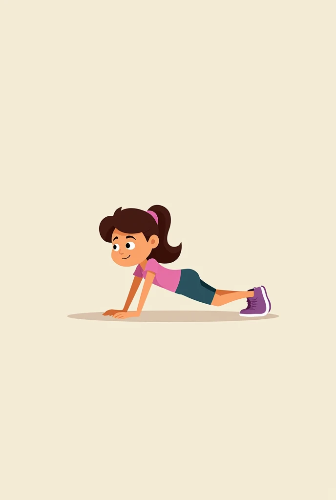 Animated girl doing planking exercise Lying on the ground with the elbows in line with the shoulder and the feet shoulder width apart, Push your body up bearing the weight on the forearms and feet, Keeping your body straight.