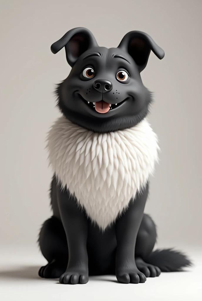 Dog black body and white fluffy fur chest sitting happy in 3D