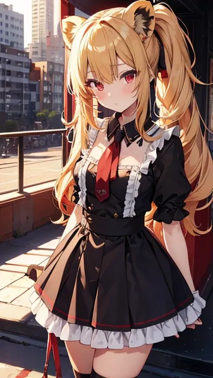 best quality, high quality, 8K, masterpiece lion girl, young girl, blond hair, red eyes , pony tail ,   punk lolita, vtuber styled