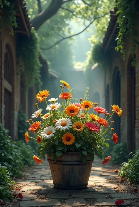 Flowers in a container,  alleyway, majestic forest canopy, tundra, abyssal plain, cave coral 