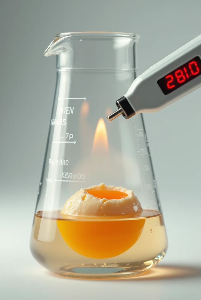 Makes a realistic image of a broken egg in a beaker that is having its temperature measured with a thermometer and is receiving heat from a lighter 