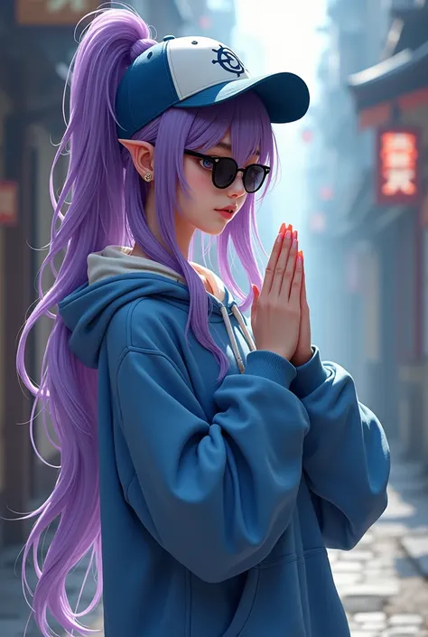 demon girl, Purple hair updo, blue and white cap, white tennis shoes, Cargo pants sweatshirt both blue and white, sunglasses, making prayer signs, personality would be, age 24 years 