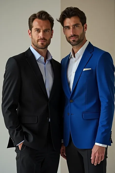 Generate a photo having men wearing blazer in black and royal blue color actually include 2 men in photo one with black blazer and other with royal blue 