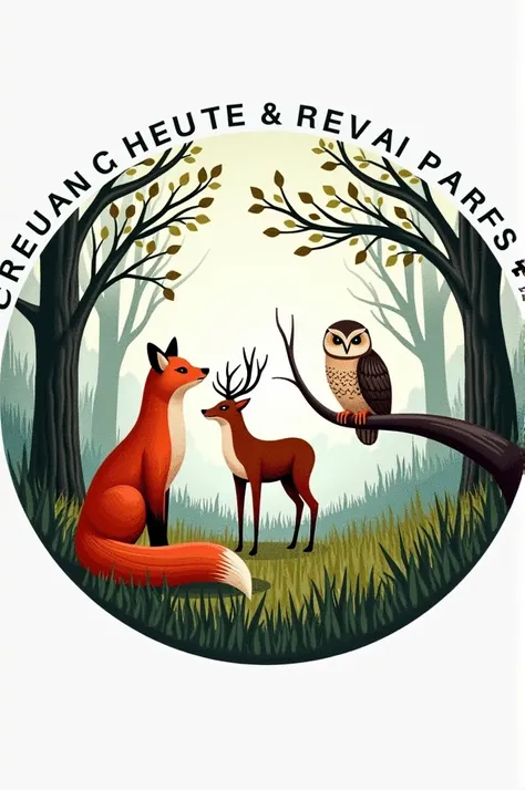 Un logo circulaire avec un renard élancé à gauche, un cerf dans une clairière au centre et une chouette sur une branche darbre à droite. Le logo doit être moderne et adapté à une broderie sur pull. Le logo doit être surplombé de la mention BCPST Saint Loui...