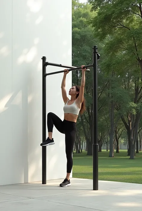 a person doing calisthenics in a bar and in a park with trees, minimalist