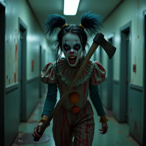 Masterpiece, best quality, A Girl ((using Clown makeup)), ((clown clothes, dirty, tearing:1.3)), vibrant colors. dragging an ax walking down the corridor of an abandoned hospital. Intriguing scene. Vivid details, dark atmosphere, macabre elements, surprisi...