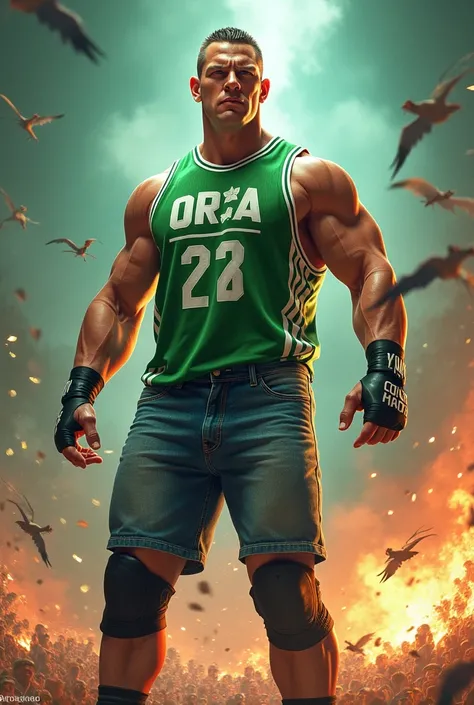 WWE John Cena with green and white jersey and jean shorts with black shoes and Amer