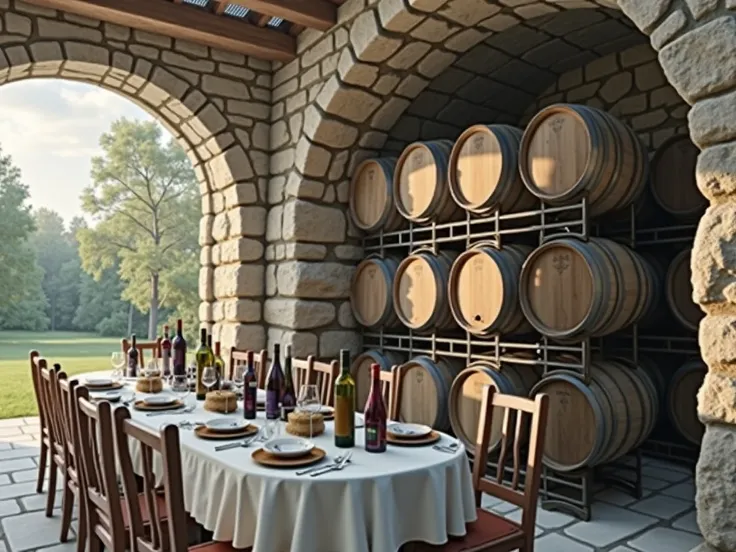 cave à vin de vigneron avec au premier plan une table de gustation avec des bouteille dessus et derrière un entrepot de tonneaux les murs sont en pierre