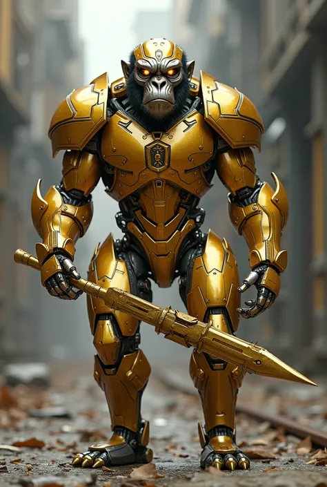 Gold plated primate armor robot man wielding three-section staff