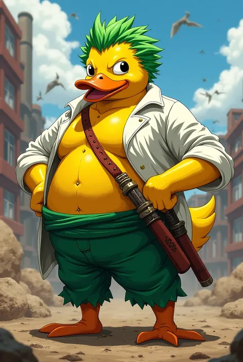  yellow duck, dressed in a vibrant roronoa zoro white top green long paint costume. Duck should maintain his signature green hair and three swords in the hip, which are. The background should be, action packed scene one piece, left eye close, one huge swor...