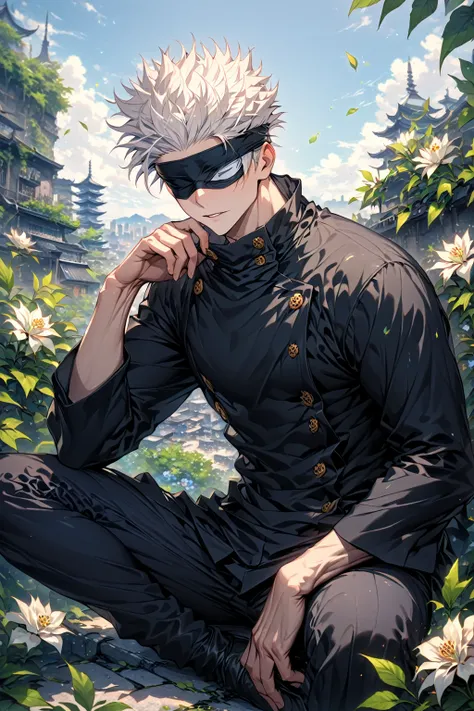 absurdres, highres, ultra detailed, HDR, master piece, Gojou Satoru, white hair, slicked up, black blindfold, blindfolded eyes, black Jujutsu Kaisen uniform, black pants, sexy man sitting, best quality, Jujutsu Kaisen, solo, sensual, green leaves, handsome...