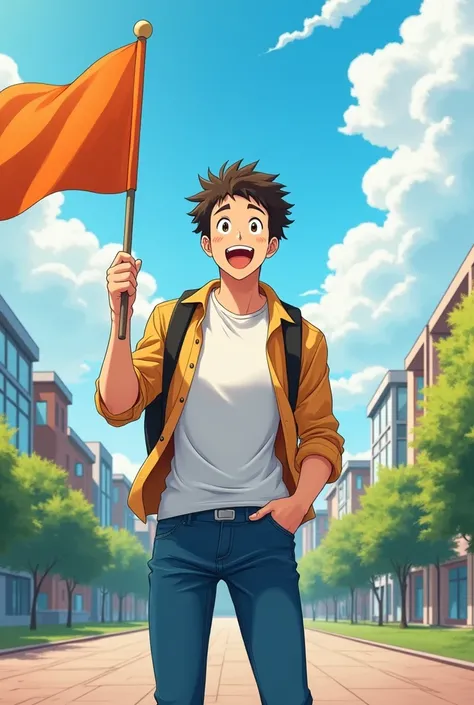 A male college student sand happily in outside of college campus and he have an orange colour flag in his hand . Background is college building and the picture is anime
