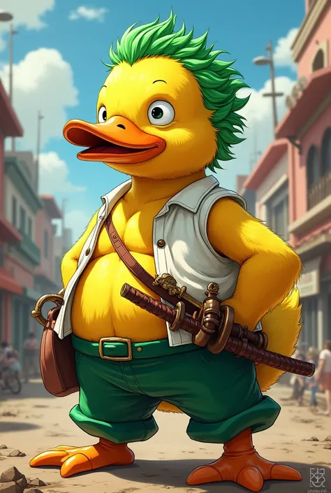  yellow duck, dressed in a vibrant roronoa zoro white top green long paint costume. Duck should maintain his signature green hair and three swords in the hip, which are. The background should be, action packed scene one piece, left eye close, one huge swor...