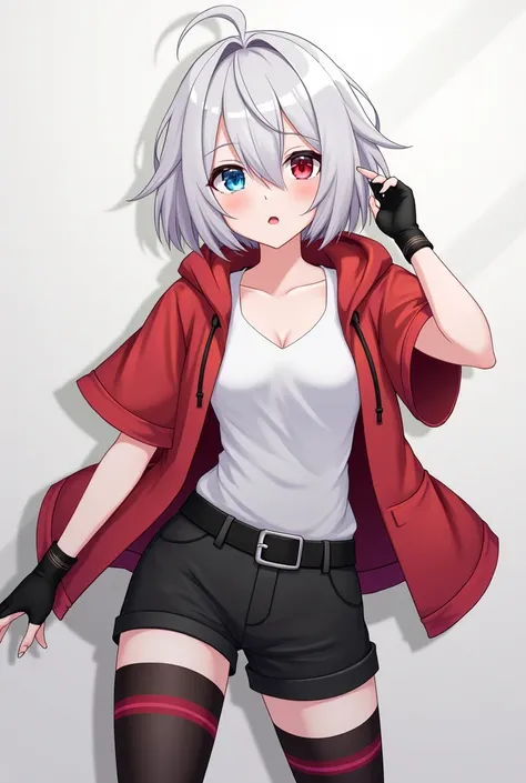 beautiful anime girl, white hair with gray gradient, Front strands longer than those in the back, Short Layered Back, fringe covering his forehead, white and soft skin, eyes of different colors, The left one is blue with a light blue gradient, the right is...