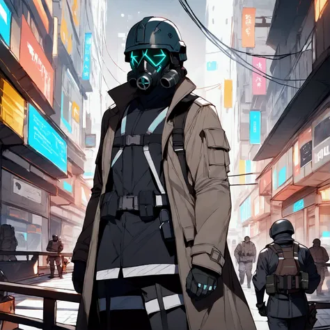 (masterpiece), best quality, Faceless, Tactical black shirt, Sci-fi. (long, open gray trench coat, worn and weathered), gas mask, Black helmet, Helmet covering his whole head, Sci-fi helmet, tactical helmet, blue lenses, harness holster, black cargo pants ...