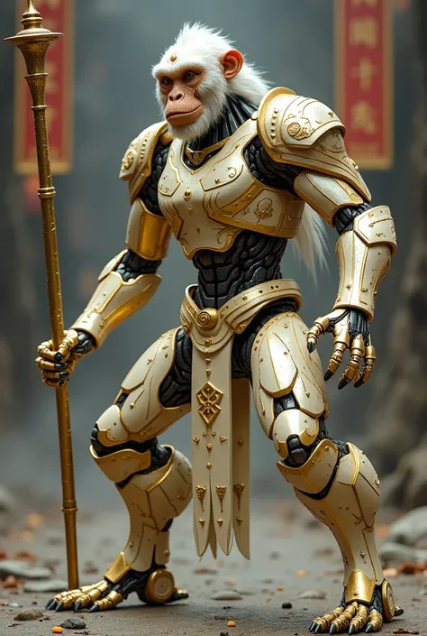 White gold plated monkey armor robot man wielding three-section staff