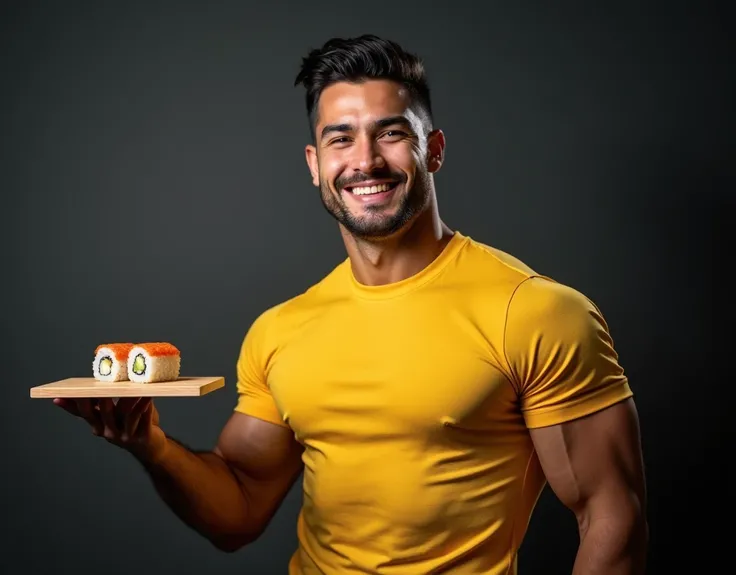 A realistic photo just below the chest, which shows a jock man in a yellow T-shirt, 3, smiling, without stubble, smooth face, with one hand he shows and shows off his biceps, and in the other he holds a wooden board on which there are appetizing Japanese r...