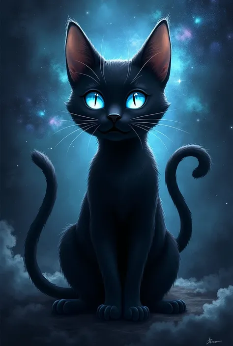 Black cat with cute face,  the body that blends like a shadow, with illustration design and tail with gradient effect , with blue eyes and gray and black color effects. The background of nebula and universes 